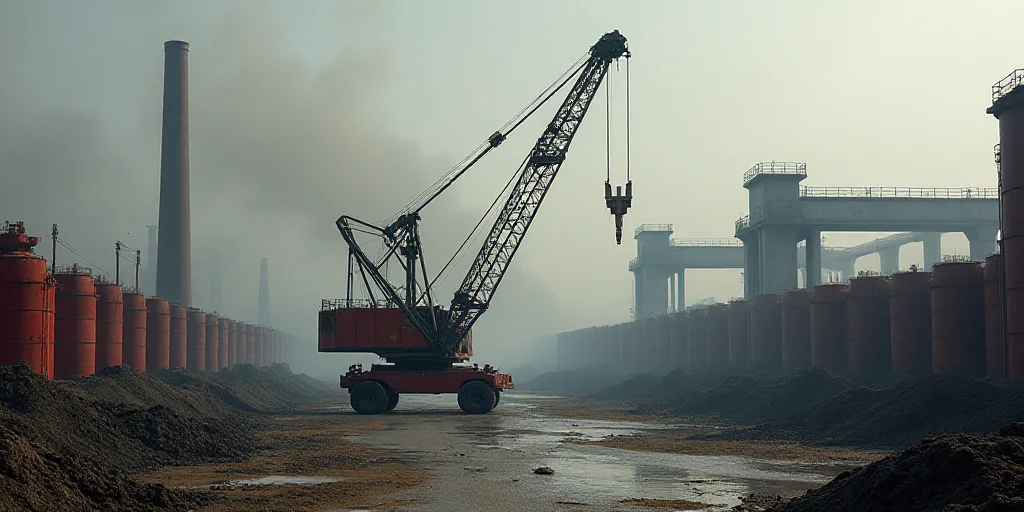 a large crane is in front of a pile of dirt and other machinery in a factory area with red pipes, Ca