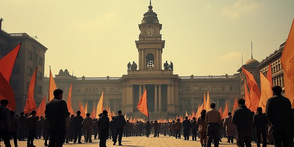 a large crowd of people standing in front of a building with a clock tower in the middle of the city