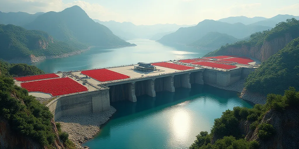 a large dam with a bunch of red chairs on it's sides and a body of water in the background, Cui Bai,