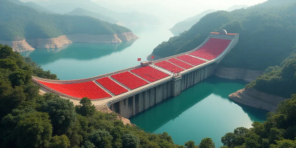 a large dam with a bunch of red chairs on it's sides and a body of water in the background, Cui Bai,