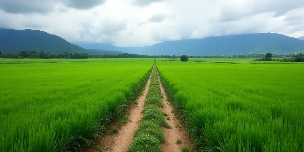 a large field of green plants with mountains in the background and a cloudy sky above it, with a dir