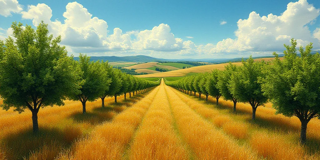 a large field of trees with a sky background and a few clouds in the distance, with a few hills in t