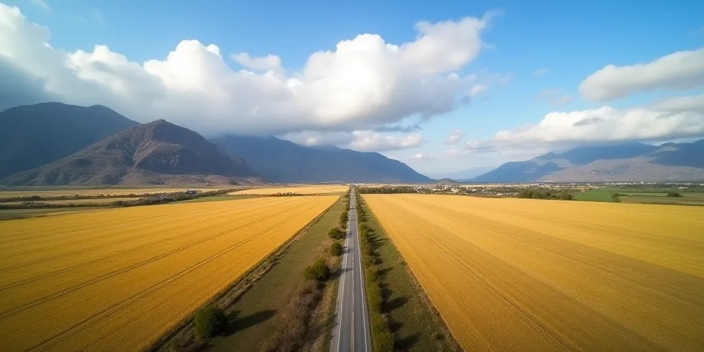 a large field with a road in the middle of it and mountains in the background with clouds in the sky