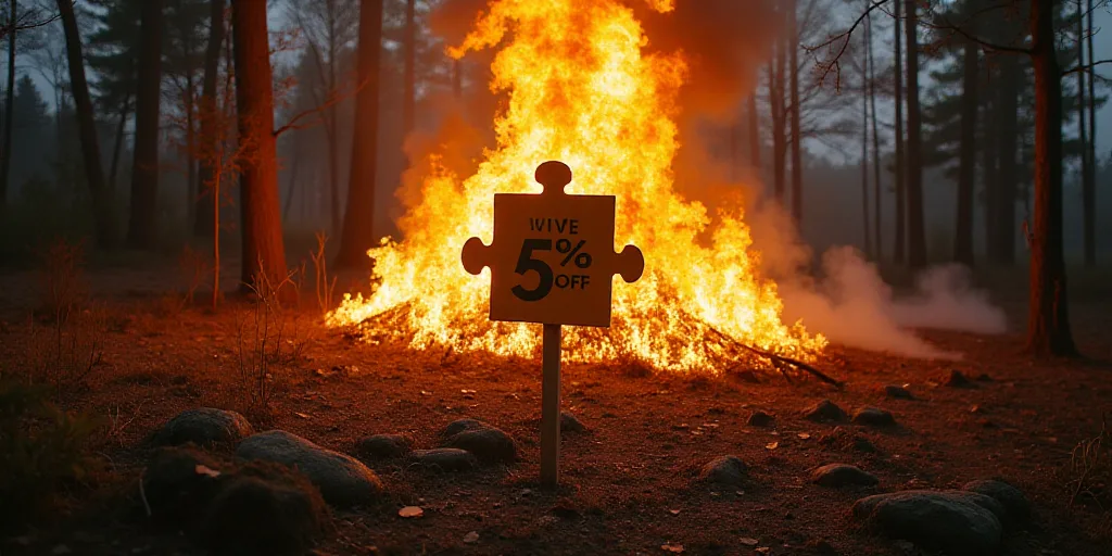a large fire is burning in the middle of a forest area with a sign reading live 5 % off, Andries Sto