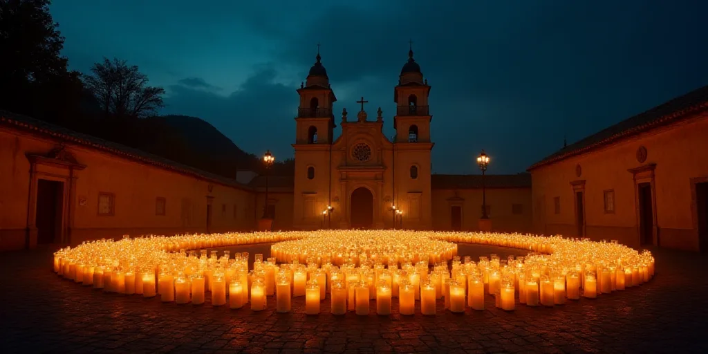a large group of candles lit up in a courtyard with a church in the background at night time with a