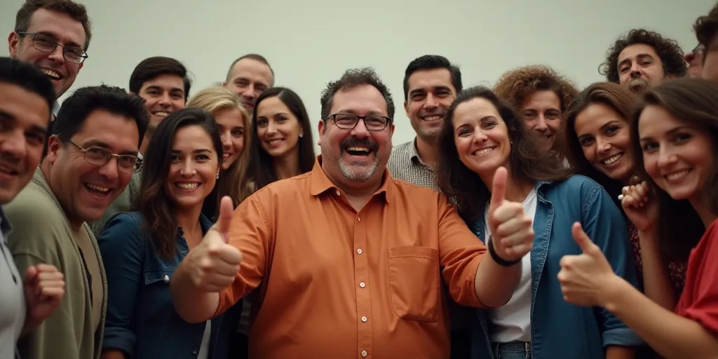 a large group of people are posing for a picture together and smiling at the camera man is giving th