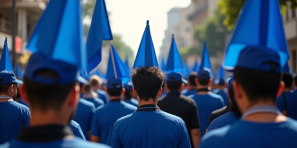 a large group of people are walking down the street with blue flags and hats on their heads and shou