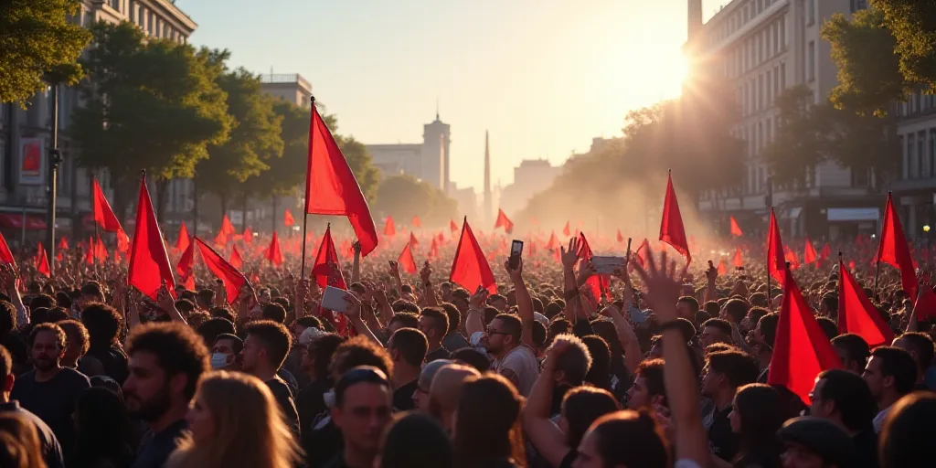 a large group of people holding signs and flags in a protest rally in a city square, with a large cr