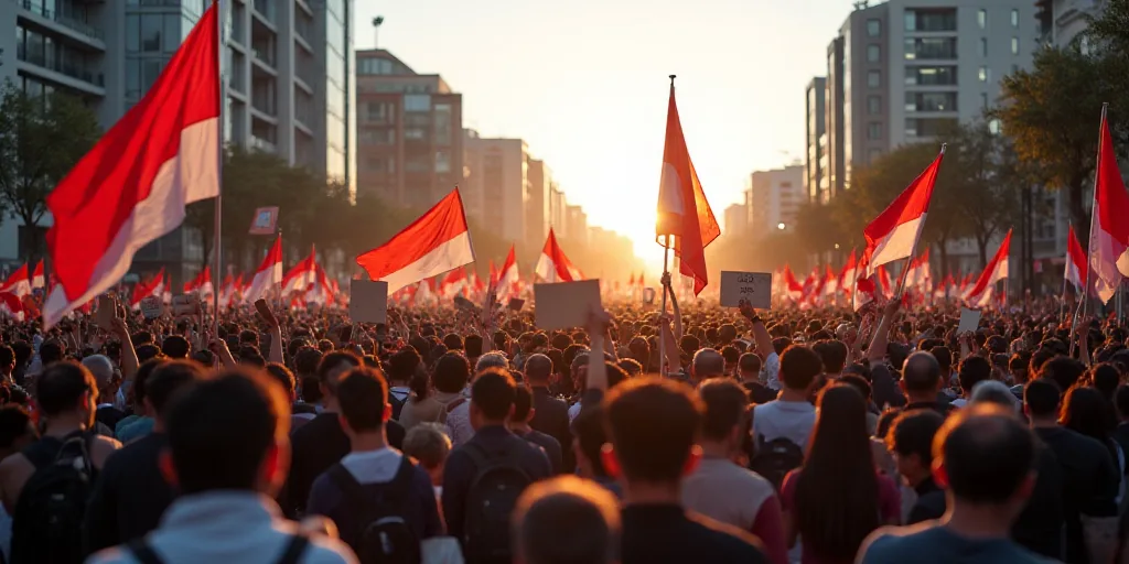 a large group of people holding signs and flags in a protest rally in a city square, with a large cr