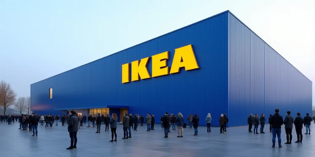 a large group of people standing in front of a blue building with a ikea sign on it's side, Andries
