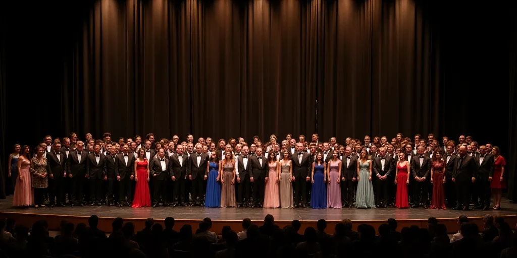 a large group of people standing on a stage in front of a crowd of people in formal dress clothes, F