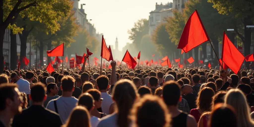 a large group of people walking down a street holding signs and banners in the air and walking down