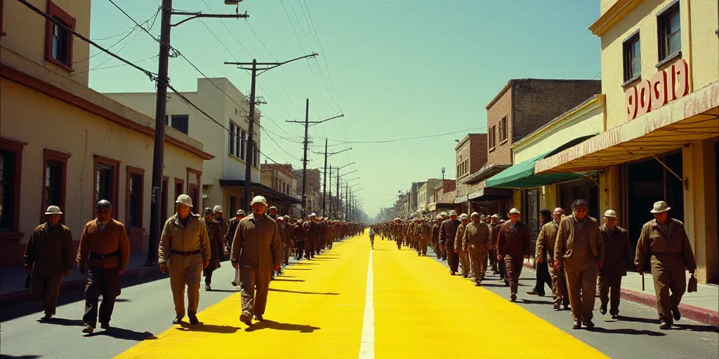 a large group of people walking down a street with a large yellow sign in the middle of the street,