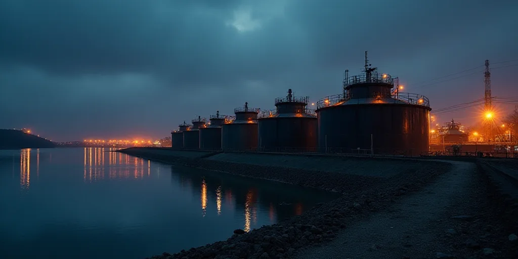 a large group of tanks sitting next to a body of water at night time with lights on them and a city