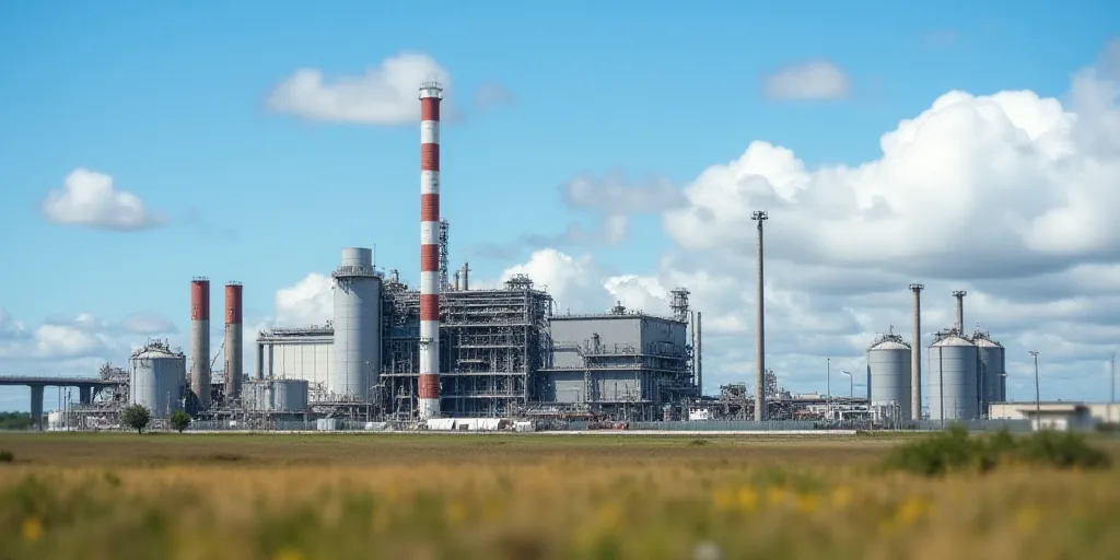 a large industrial plant with a fence surrounding it and a blue sky in the background with clouds in