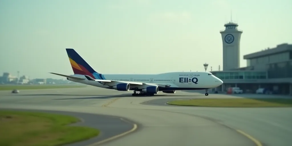 a large jetliner sitting on top of an airport runway next to a building with a clock on it, Ei-Q, tu