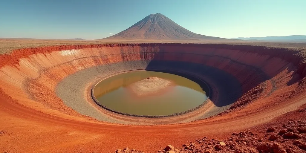 a large open pit with a mountain in the background and a red line on the ground below it that is fil