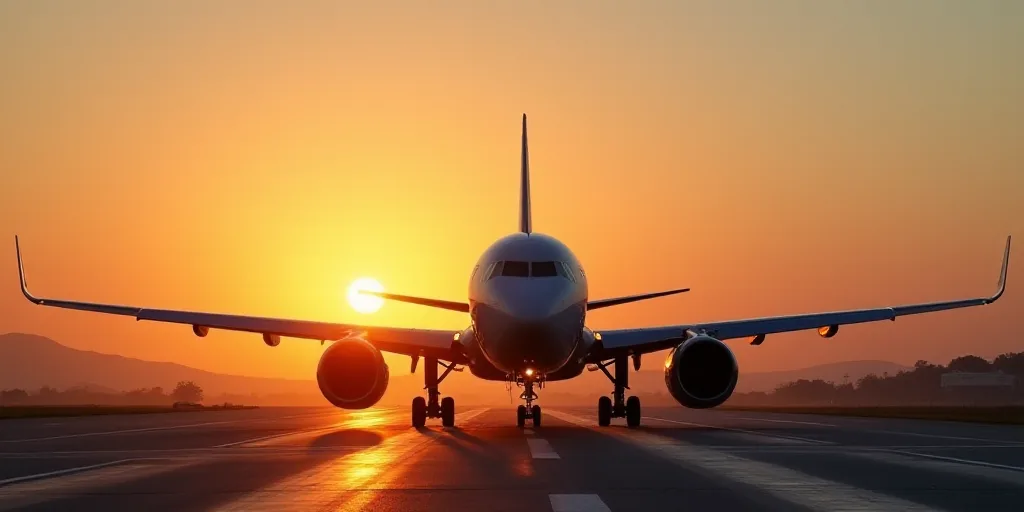 a large passenger jet sitting on top of an airport runway at sunset with the sun shining on the wing