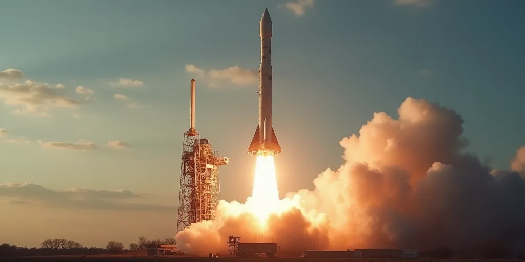 a large rocket is being launched into the sky with smoke coming out of it's back end and landing gea