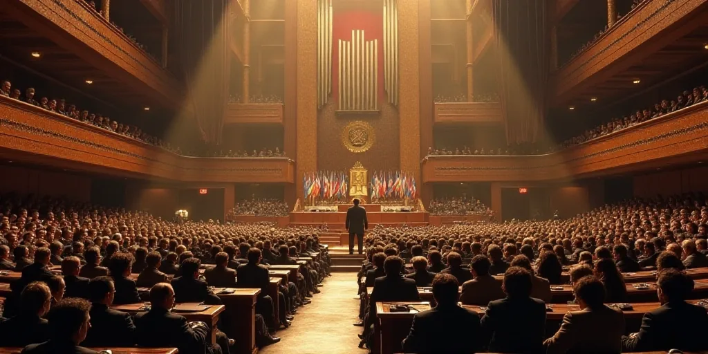 a large room filled with lots of people sitting at tables and standing in front of a podium with fla