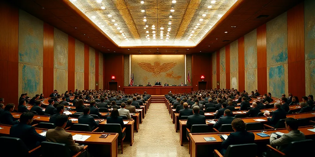 a large room filled with people sitting at desks and a podium with a flag on it's wall, David Alfaro