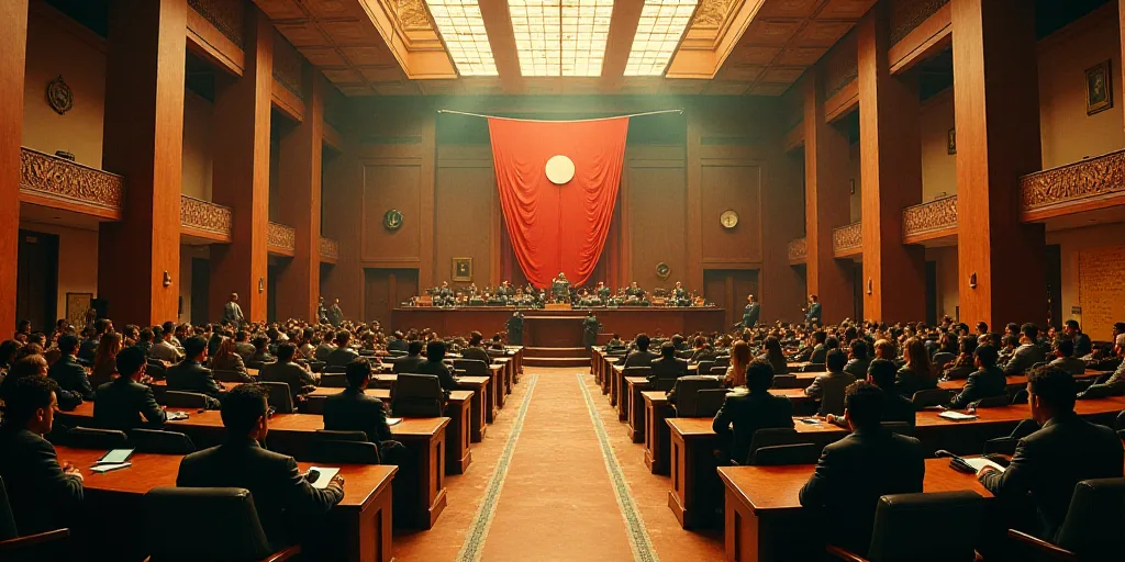 a large room filled with people sitting at desks and a flag hanging from the ceiling of the room, Da