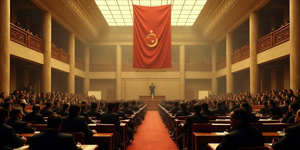 a large room filled with people sitting at desks and a flag hanging from the ceiling of the room, Da