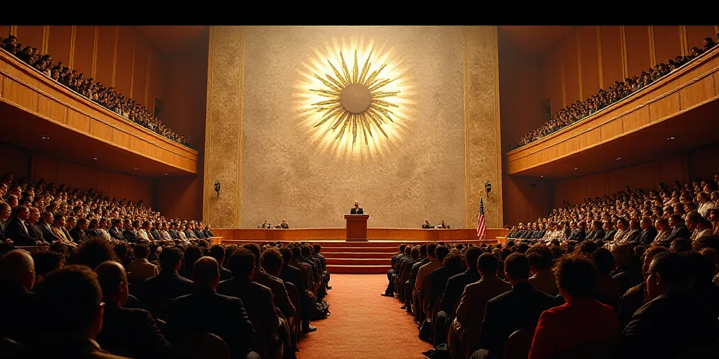 a large room filled with people and a speaker at a podium in front of a crowd of people sitting in c