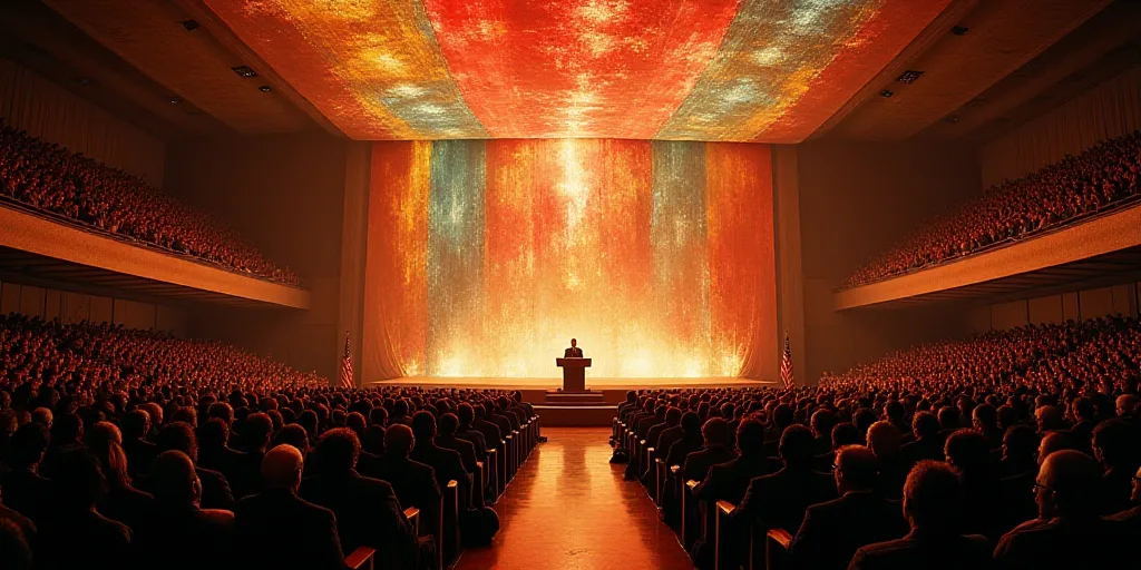 a large room filled with people and a speaker at a podium in front of a crowd of people sitting in c
