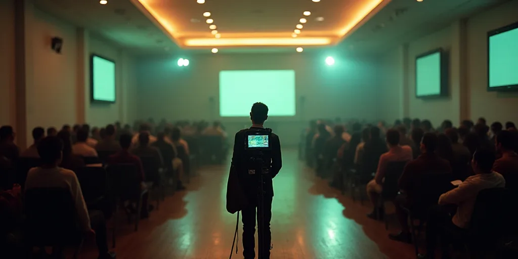 a large room with a large group of people in it and a camera in front of the room with a television,