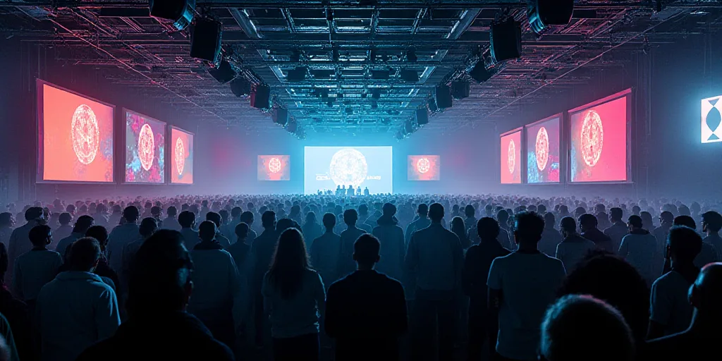 a large room with a lot of monitors and flags on the walls and a lot of people on the floor, David D