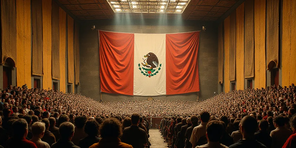 a large room with a lot of people in it and a flag on the wall behind it and a lot of banners on the