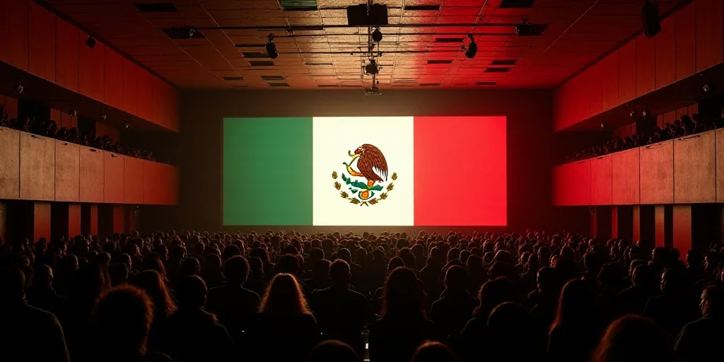 a large room with a lot of people in it and a big screen with a mexican flag on it, David Alfaro Siq