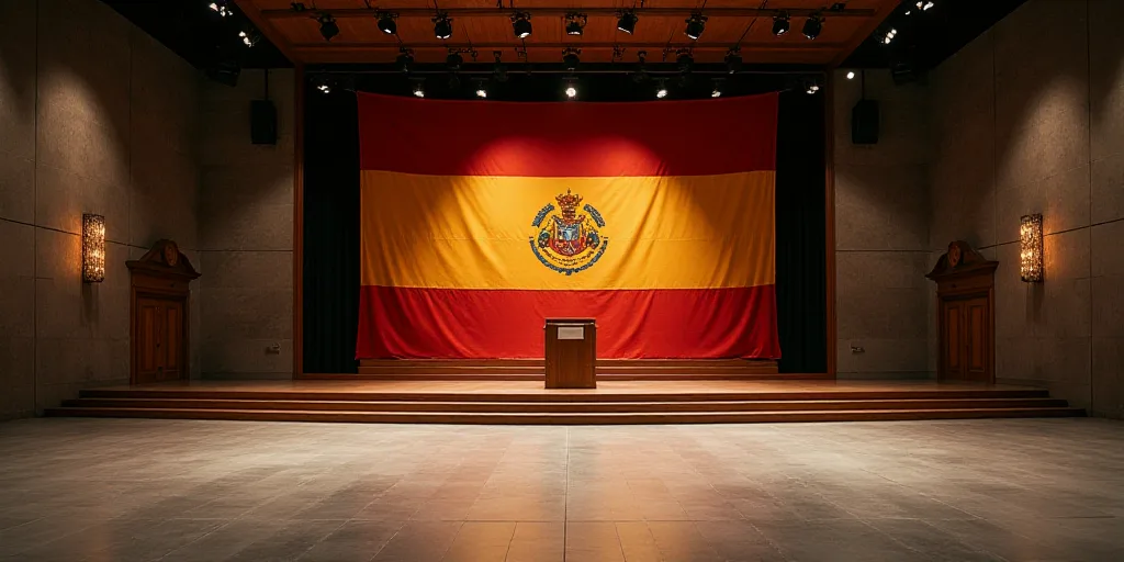 a large room with a stage and a flag on the wall and a podium in the middle of the room, David Alfar