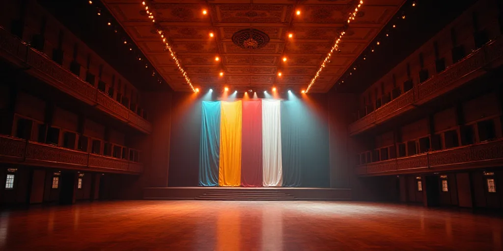 a large room with a stage and a ceiling with lights and a large screen with a flag on it, David Alfa