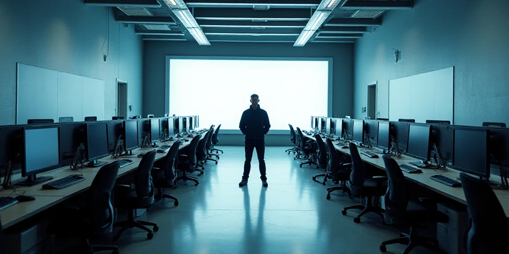 a large room with multiple desks and monitors on the walls and a man standing in the middle of the r