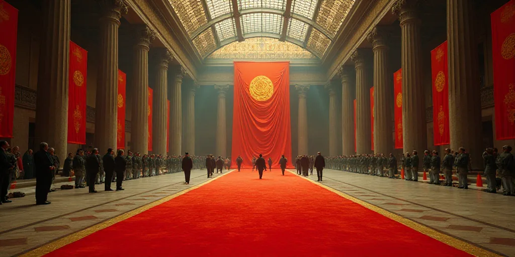 a large room with people standing in it and a flag hanging from the ceiling of the room and a red ca