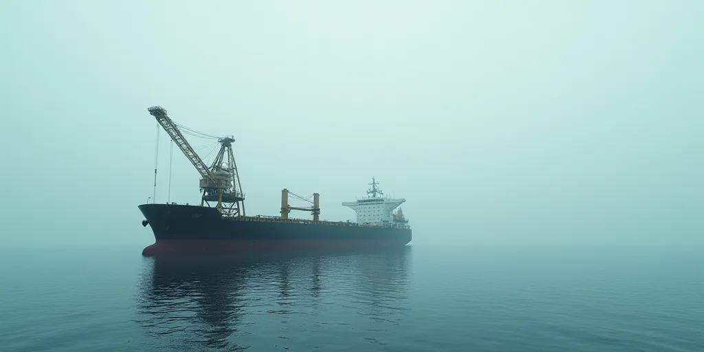 a large ship in the middle of the ocean with a crane on top of it's structure in the middle of the w