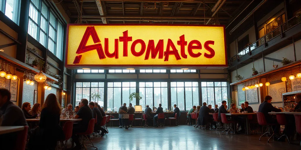 a large sign hanging from the ceiling of a building with people sitting at tables and a large window