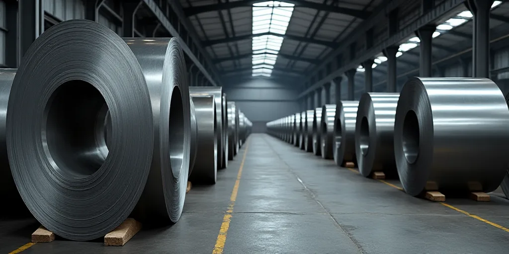 a large stack of steel rolls in a warehouse with a ceiling in the background and a few other rolls o