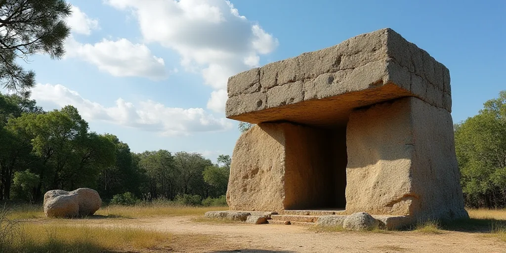 a large stone structure with trees around it and a sky background in the background, with a few clou
