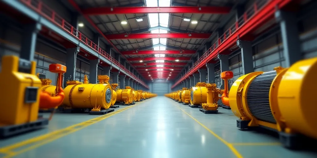a large warehouse with a long line of yellow and red machinery on the floor and a red ceiling with l