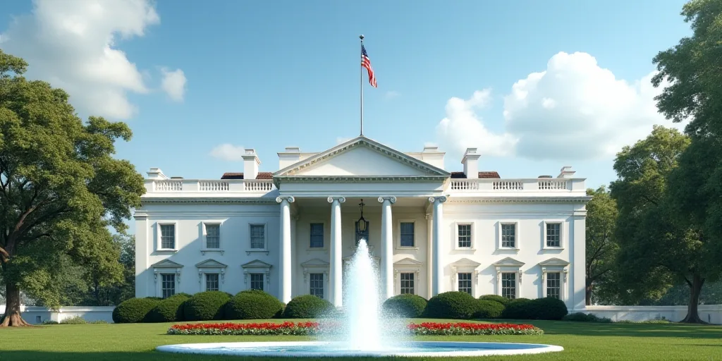 a large white building with a fountain in front of it and a flag pole on top of it and a flag pole o