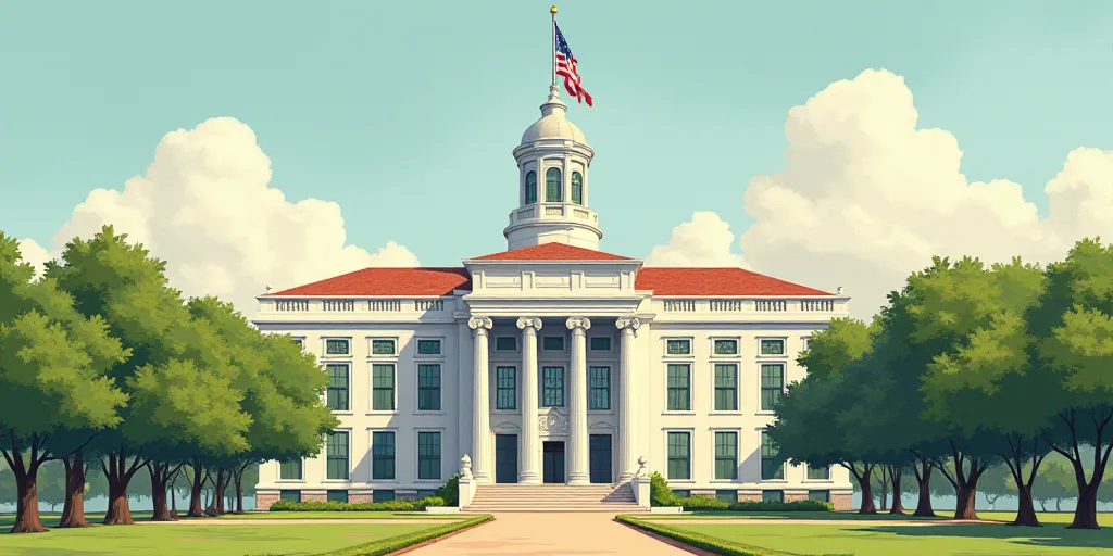 a large white building with a flag on top of it's roof and trees in front of it, Brenda Chamberlain,