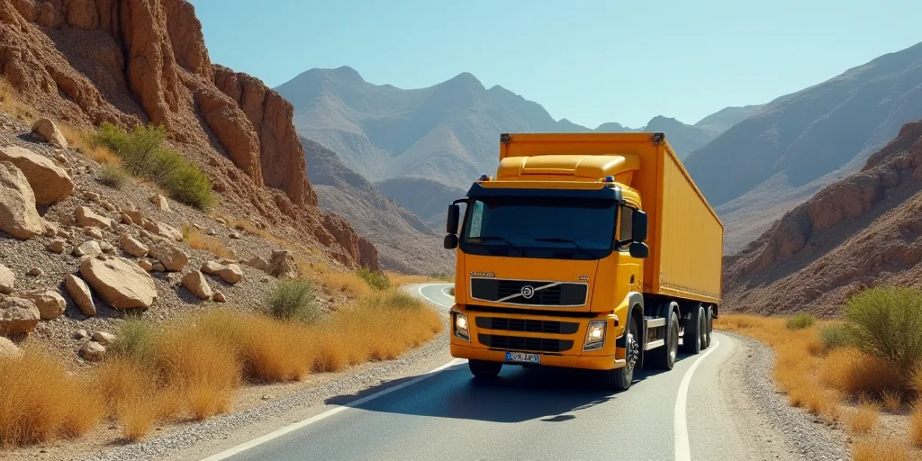 a large yellow truck driving down a road next to a mountain side covered in rocks and grass and dirt