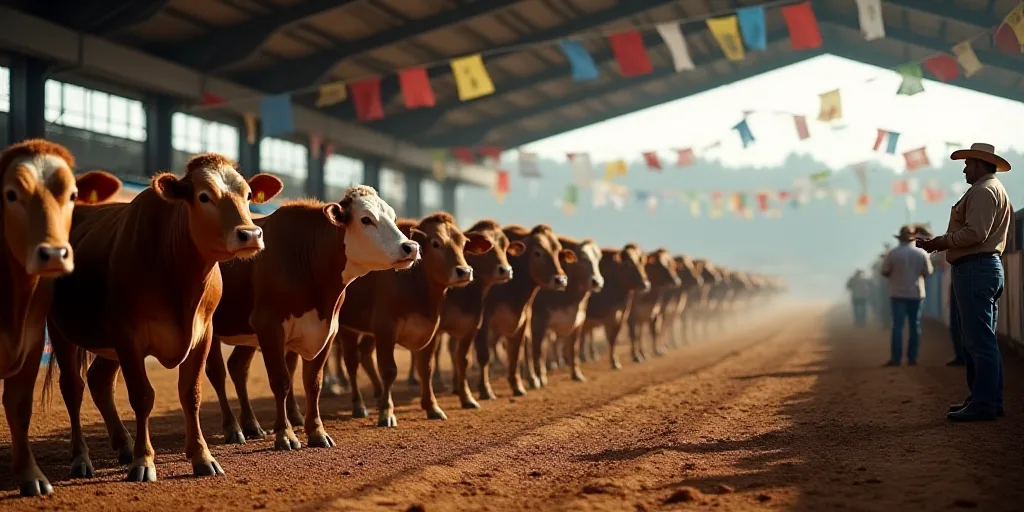a line of cows are lined up in a row in a dirt arena with people standing around them and flags hang