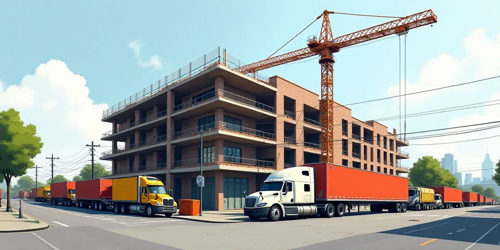 a line of trucks parked on a street next to a building under construction with a crane overhead abov