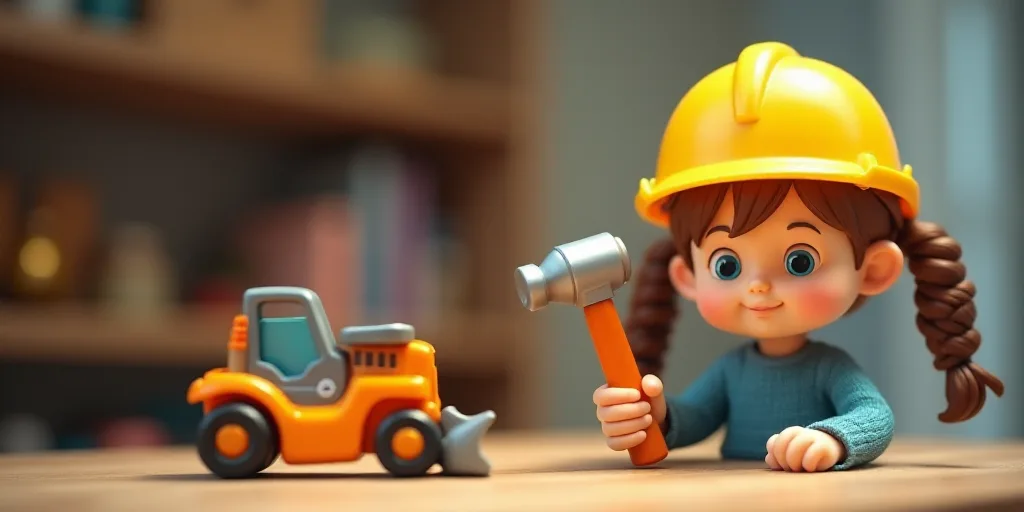 a little girl wearing a hard hat and holding a hammer and a hammer and a construction tool on a tabl
