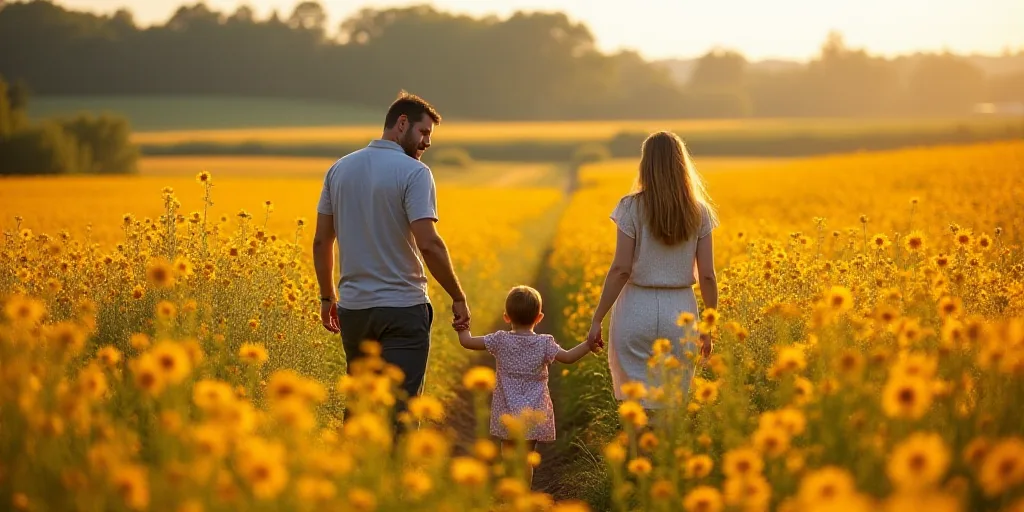 a man and a child are in a field of flowers with a woman and a child are looking at the flowers, Cef
