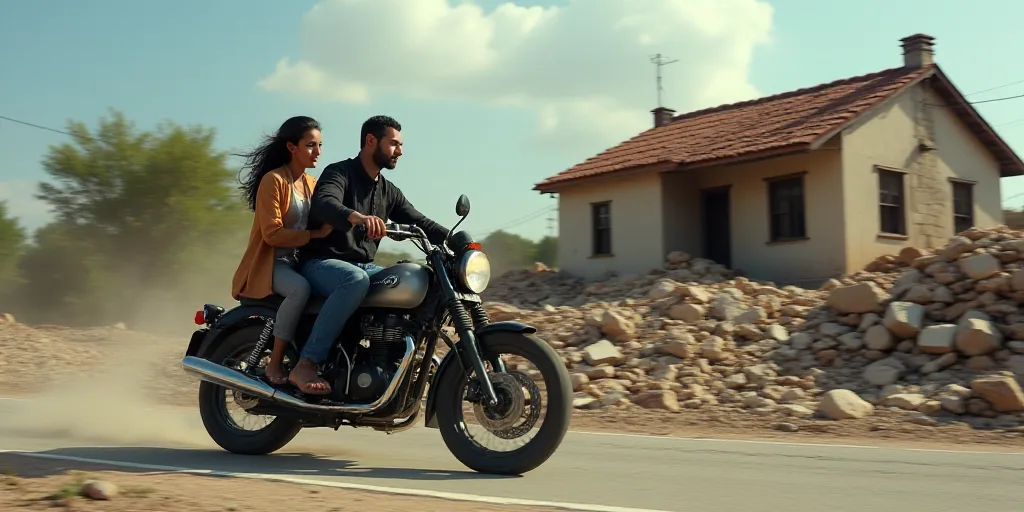 a man and a woman riding a motorcycle past a pile of rubble and a house that has been torn down, Con